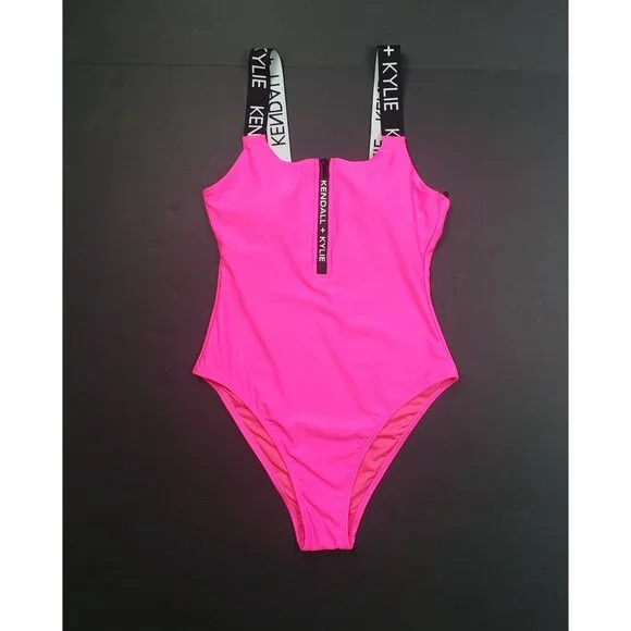 Kendall and Kylie One Piece Swimsuit Women's Medium Neon Pink & Black Call Out - Picture 16 of 16